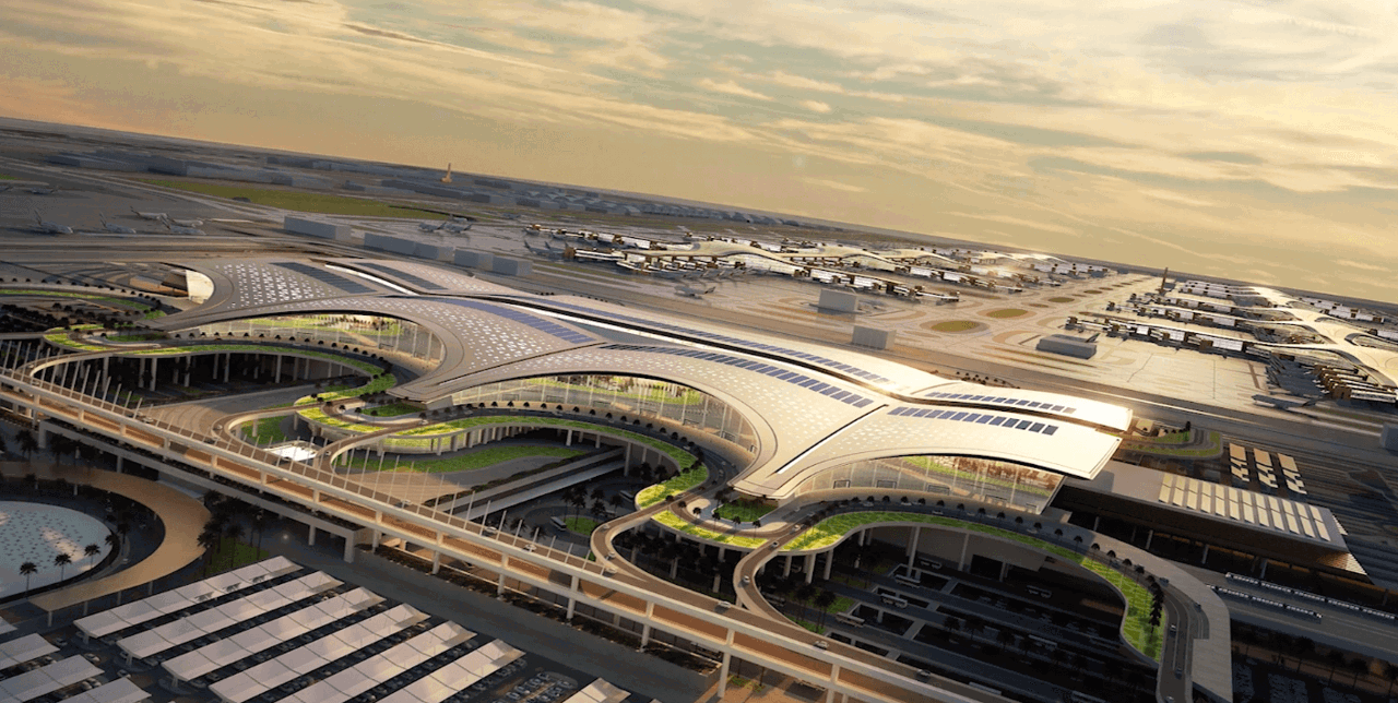 Bird's eye visualisation of the West Terminal entrance at DWC Bird's eye visualisation of the West Terminal entrance at DWC