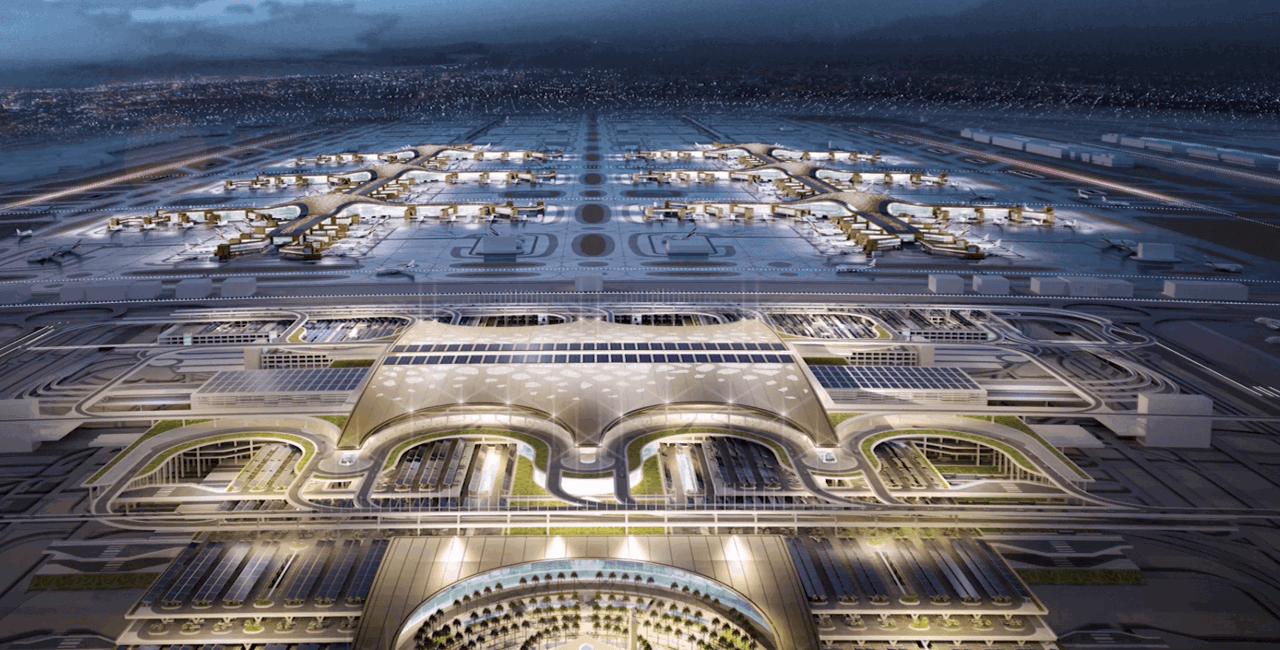 Bird's eye visualization of the West Terminal and concourse by night at Dubai World Central Bird's eye visualization of the West Terminal and concourse by night at Dubai World Central