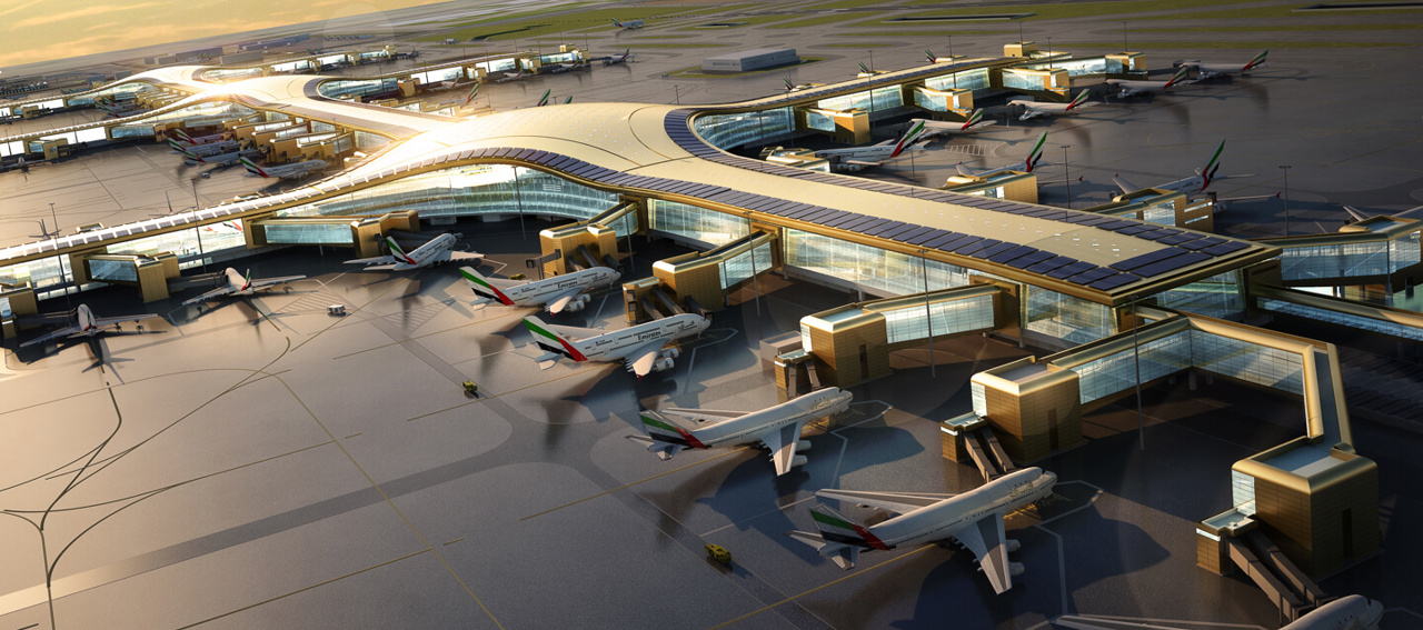 Bird's eye view of the contact gates at a future concourse in Dubai World Central, visualisation Bird's eye view of the contact gates at a future concourse in Dubai World Central, visualisation