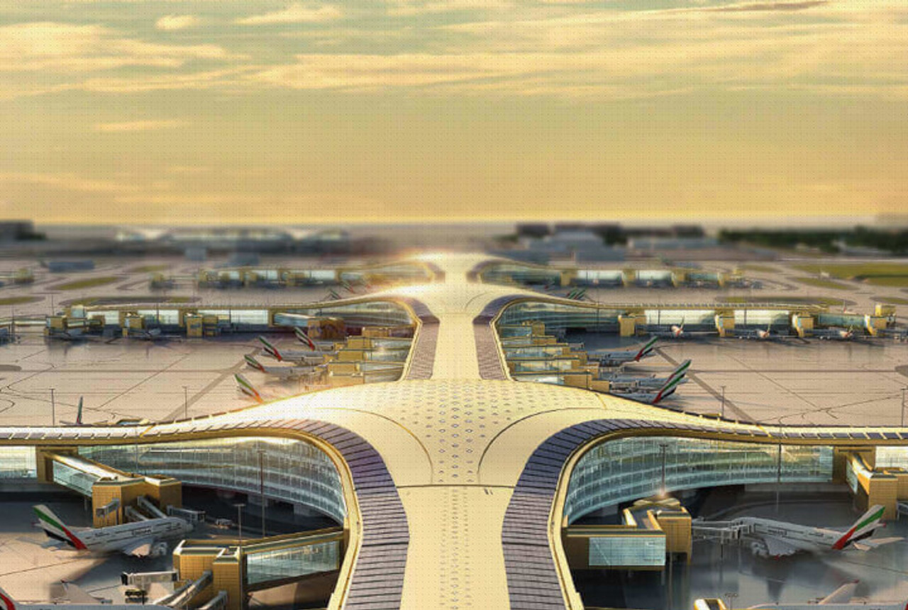 Bird's eye view of the future concourse at Dubai World Central, visualisation Bird's eye view of the future concourse at Dubai World Central, visualisation